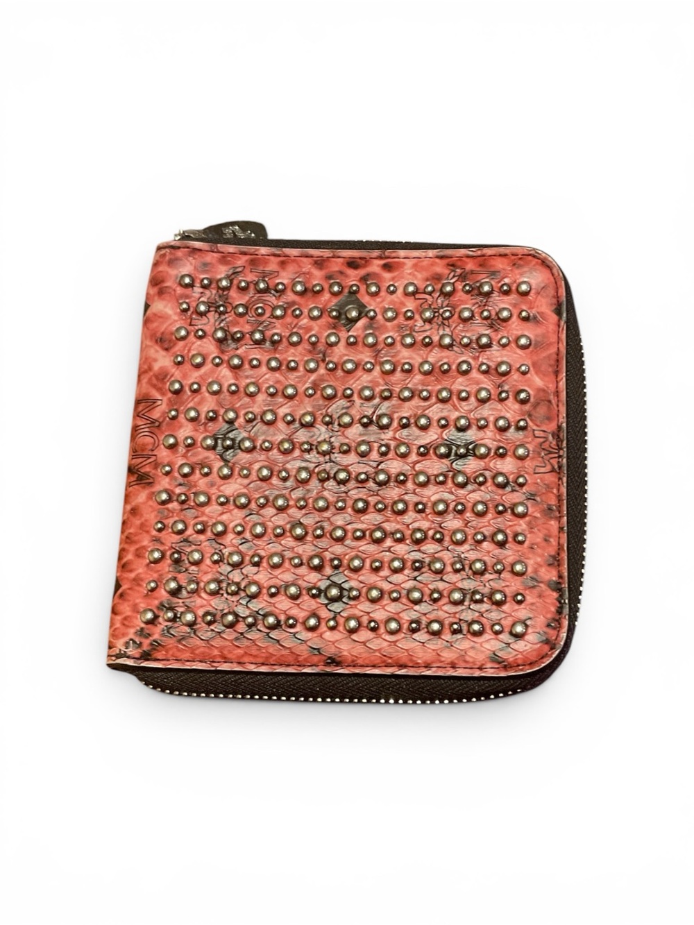 Authentic MCM Armour Visetos Monogram Studded Python Print Zip Around Wallet